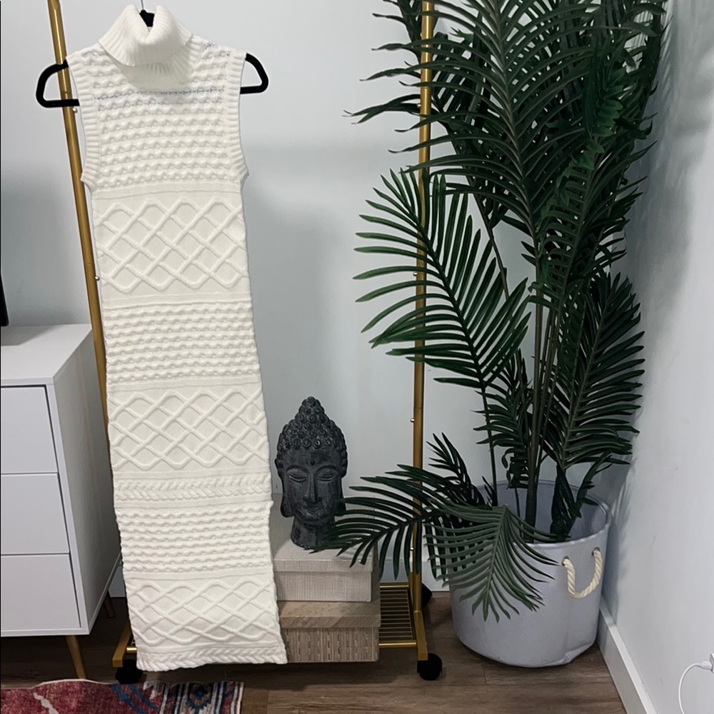 White Knit Sleeveless Turtleneck Maxi Dress